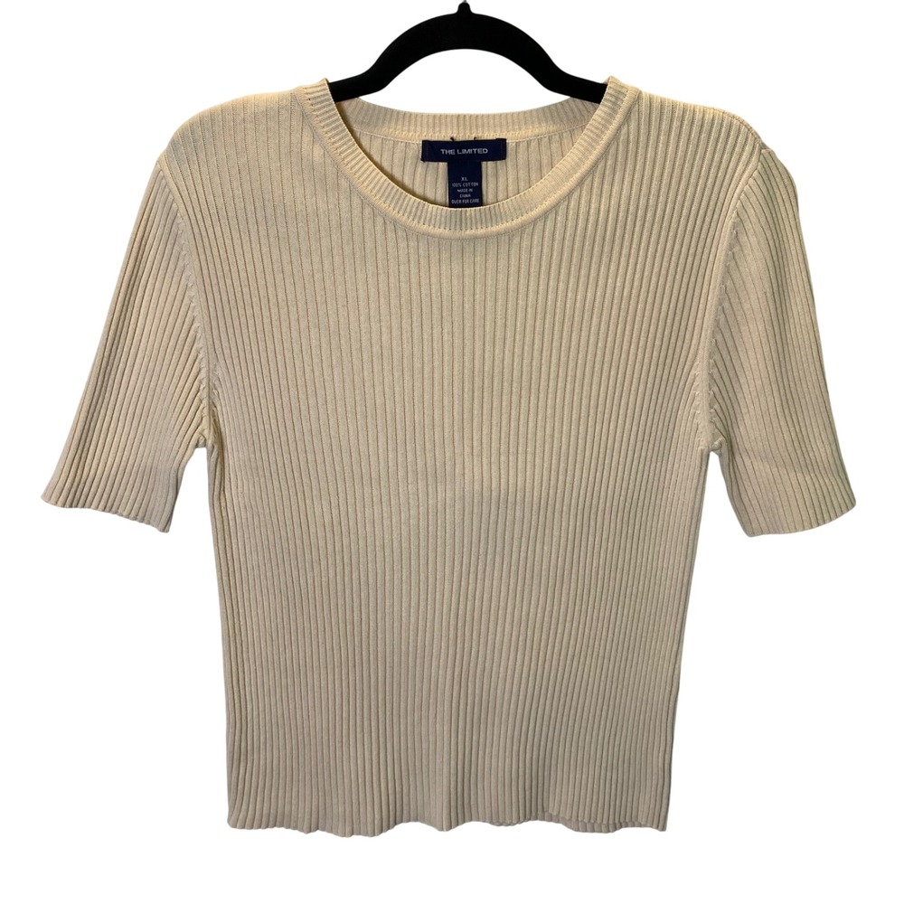 The Limited Ribbed Knit Top Womens XL Cream Cotton Short Sleeve Preppy Basic